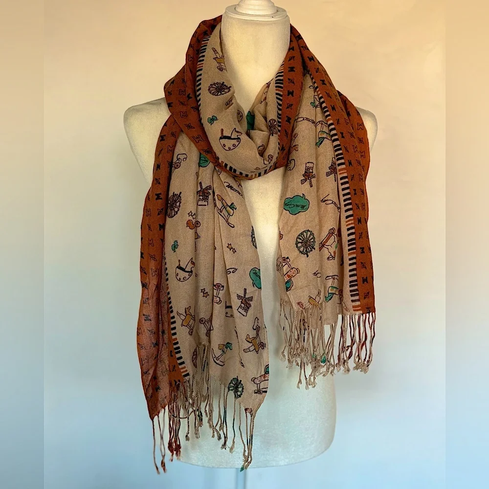 Metrocity Eclectic Patterned Scarf in Brown and Orange Tasseled One Size